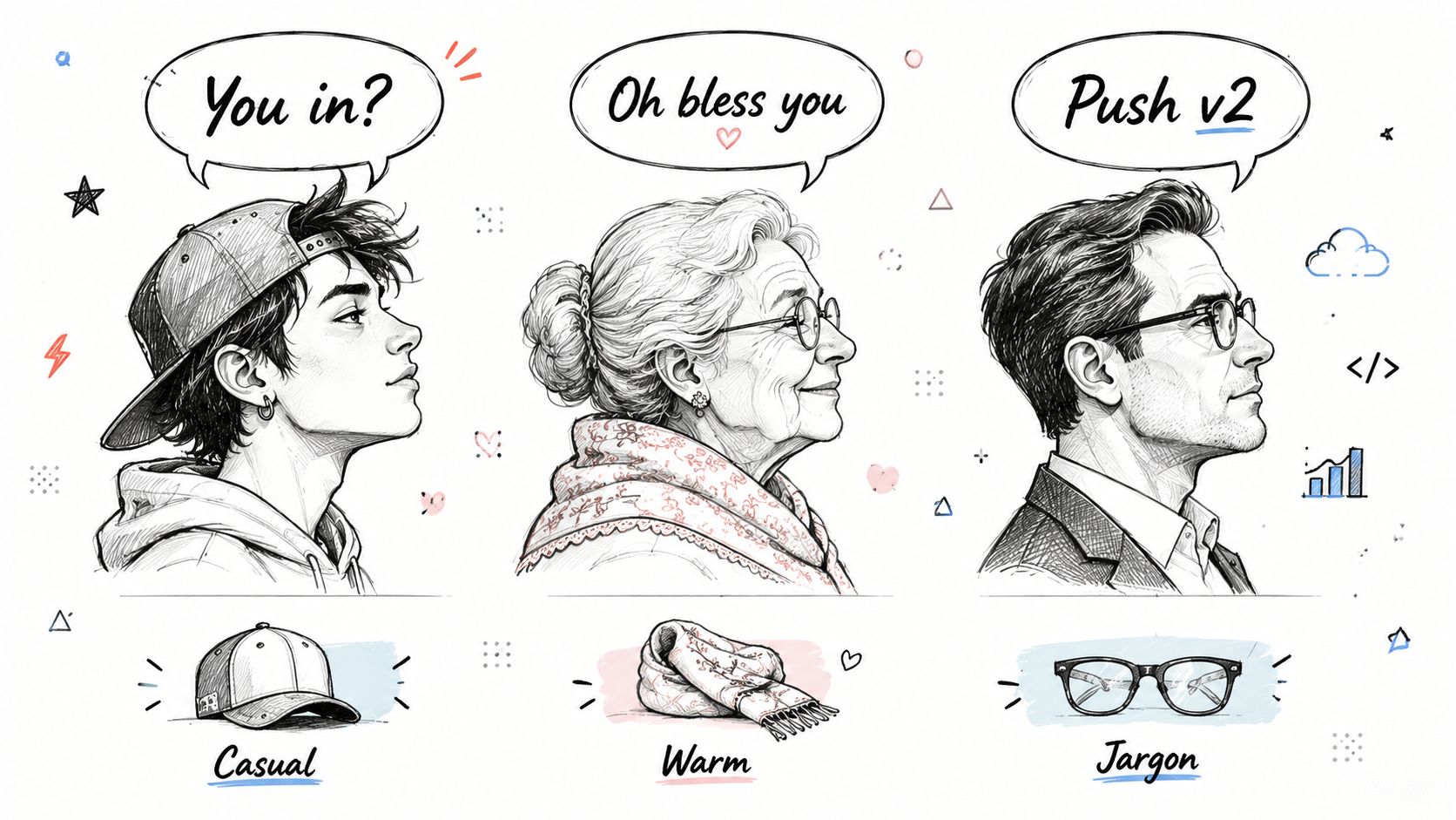 A black and white sketch illustration showing three different conversational styles with matching iconic objects.