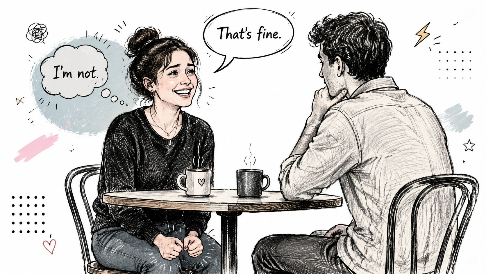 A woman crying while smiling and saying that is fine to a man in a cafe