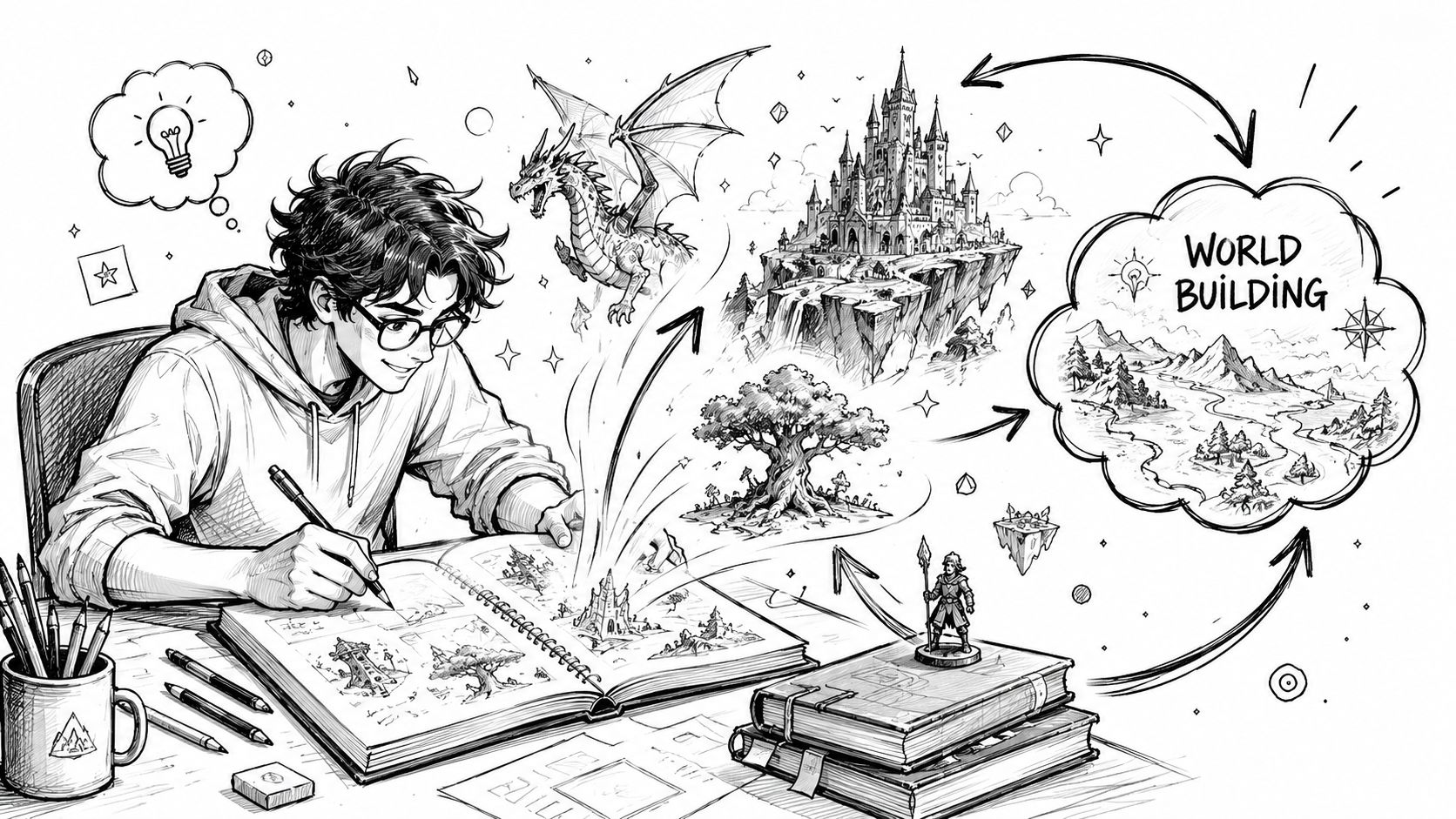 A young artist sketching a detailed fantasy landscape with dragons and floating castles in a creative notebook.