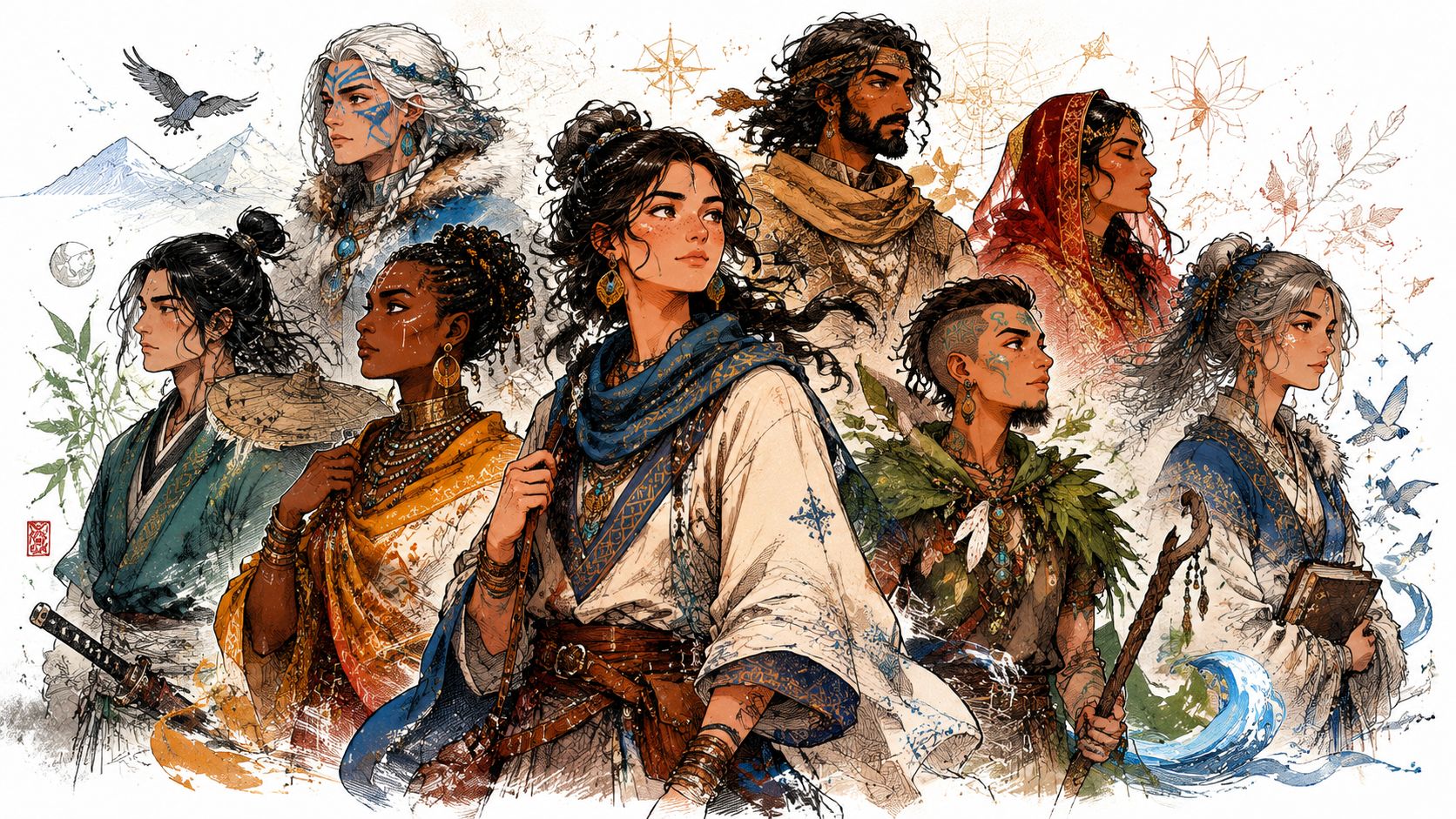 A diverse group of fantasy characters in traditional-inspired attire against a stylized, artistic background.
