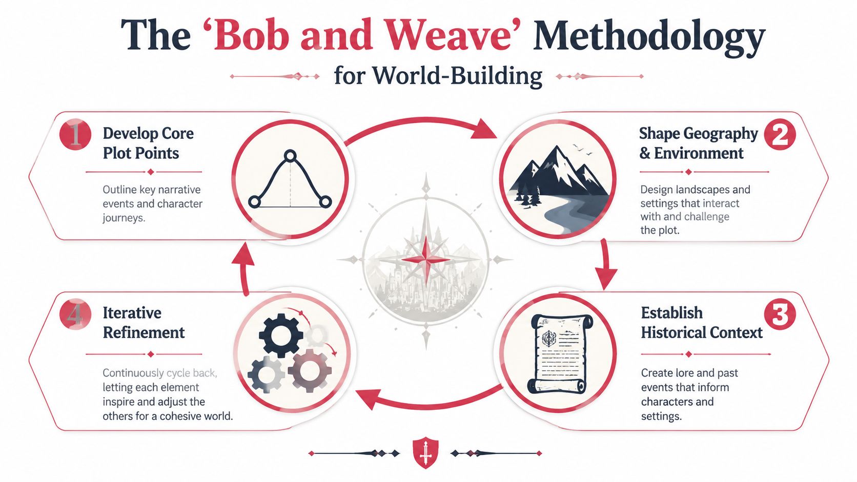 A diagram illustrating the four-step Bob and Weave methodology for fantasy world-building, showing a cyclical creative process.