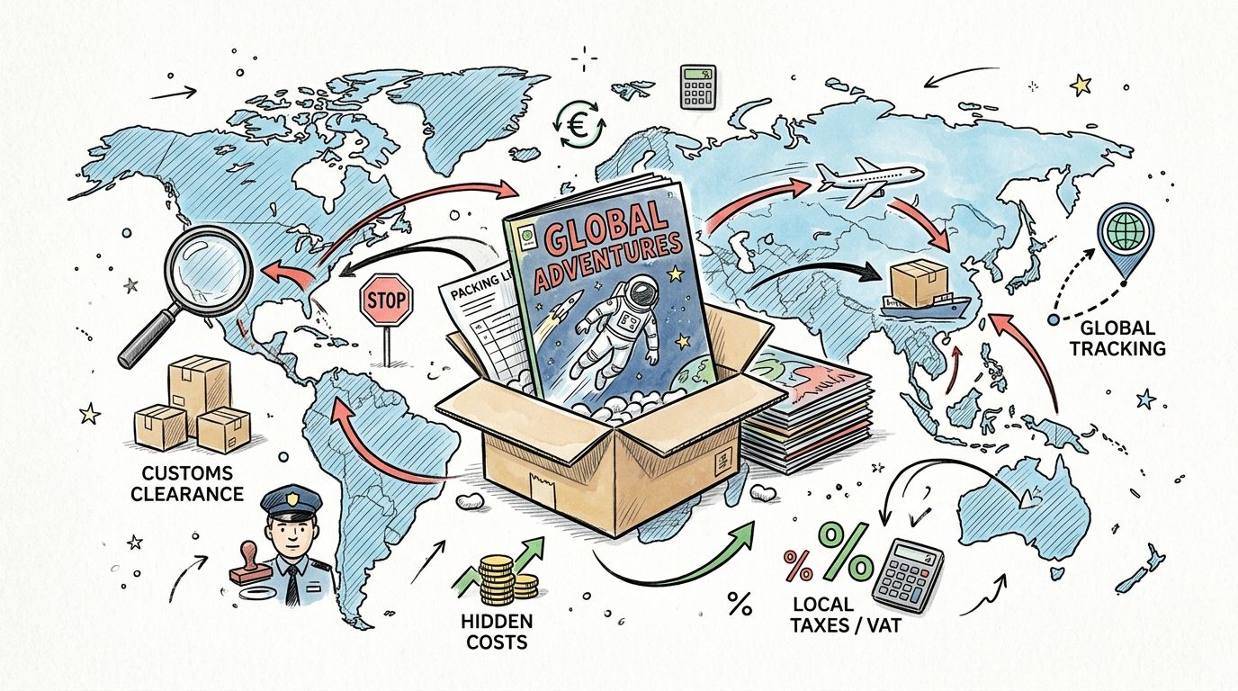 A hand-drawn illustration showing a comic book in a box being shipped globally, highlighting logistics and international costs.