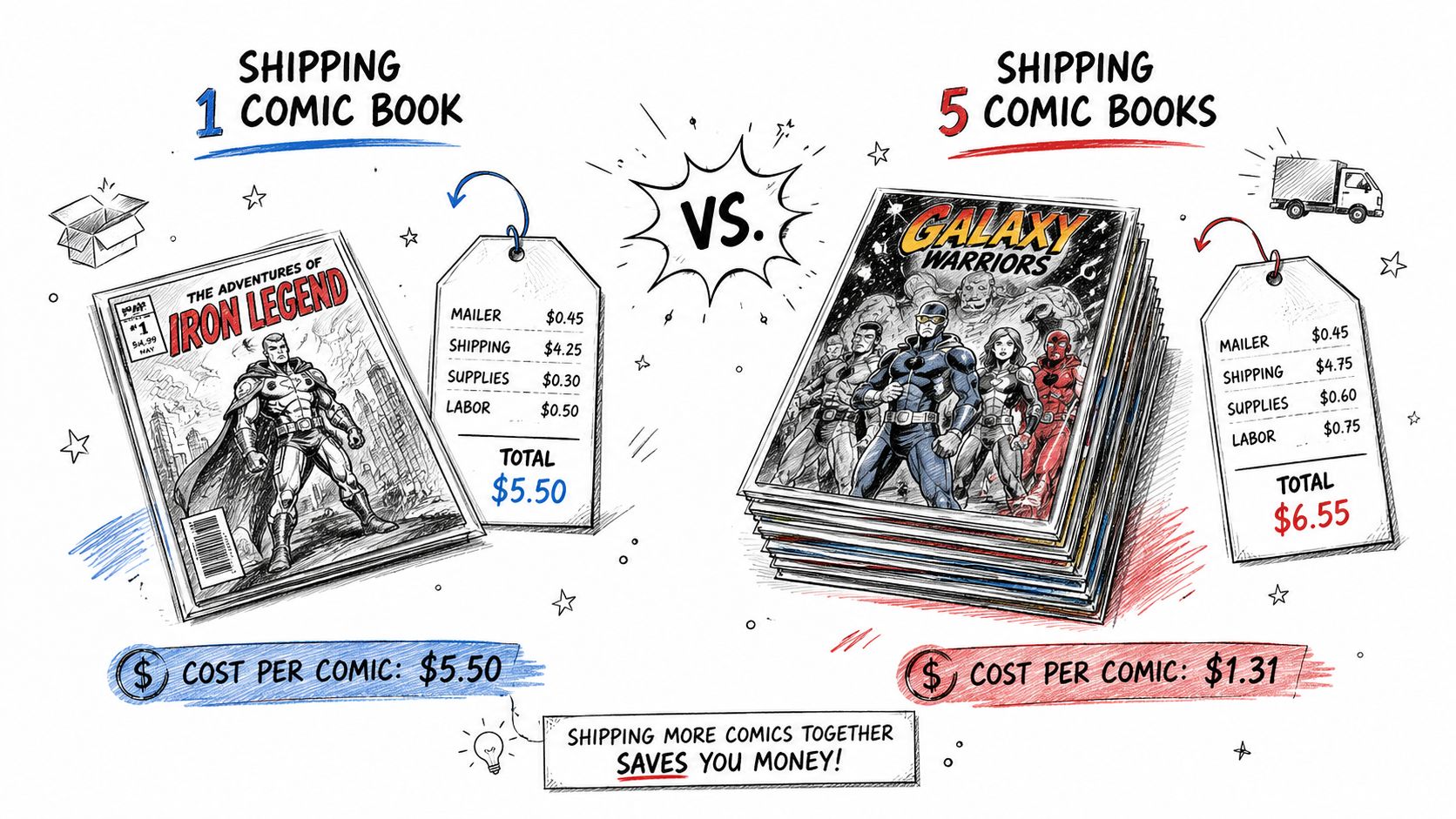 A comparison showing that shipping five comic books is more cost-effective per unit than shipping one comic book.