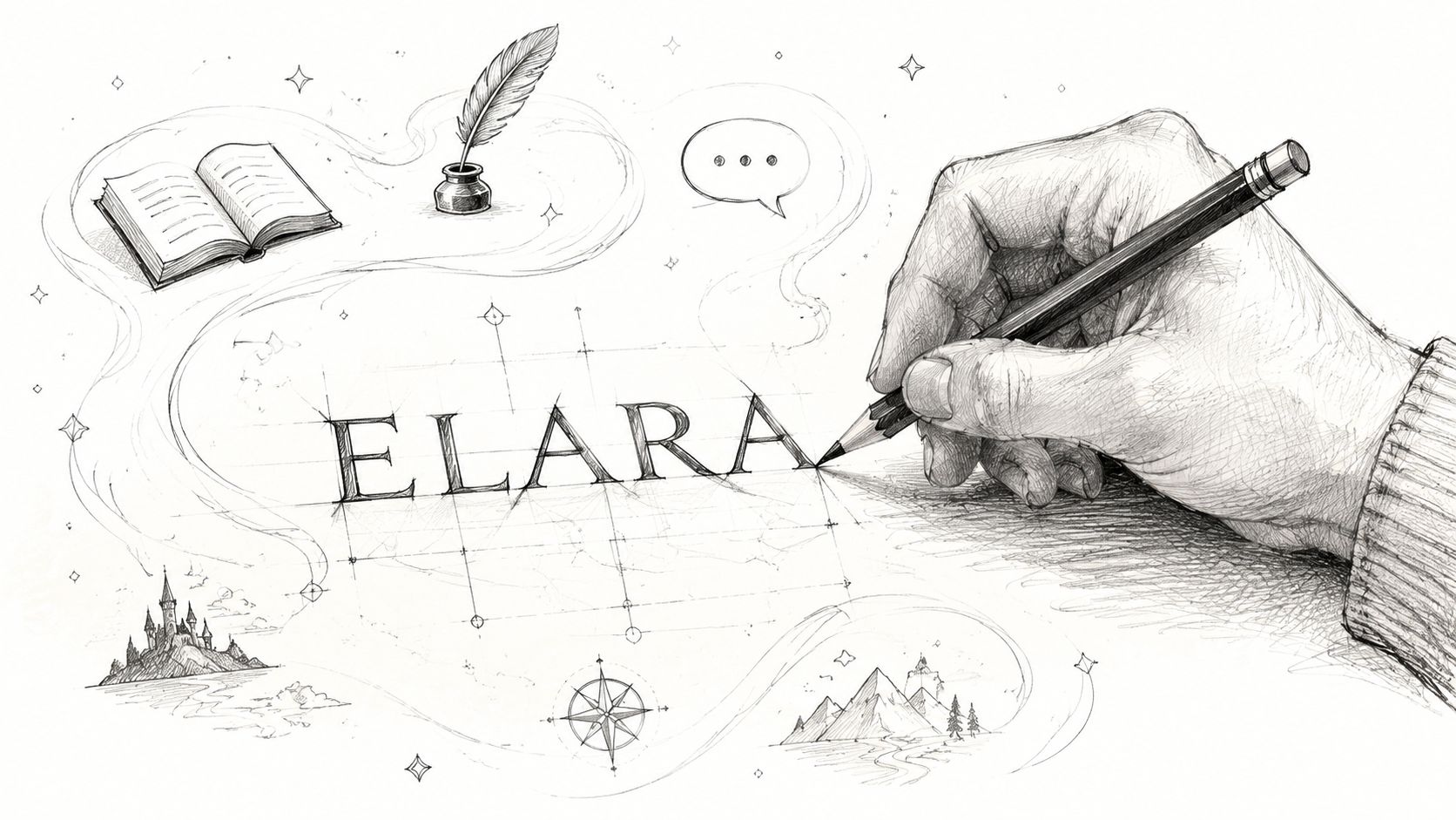 A hand drawing the word Elara surrounded by sketches of books, a castle, and a compass.