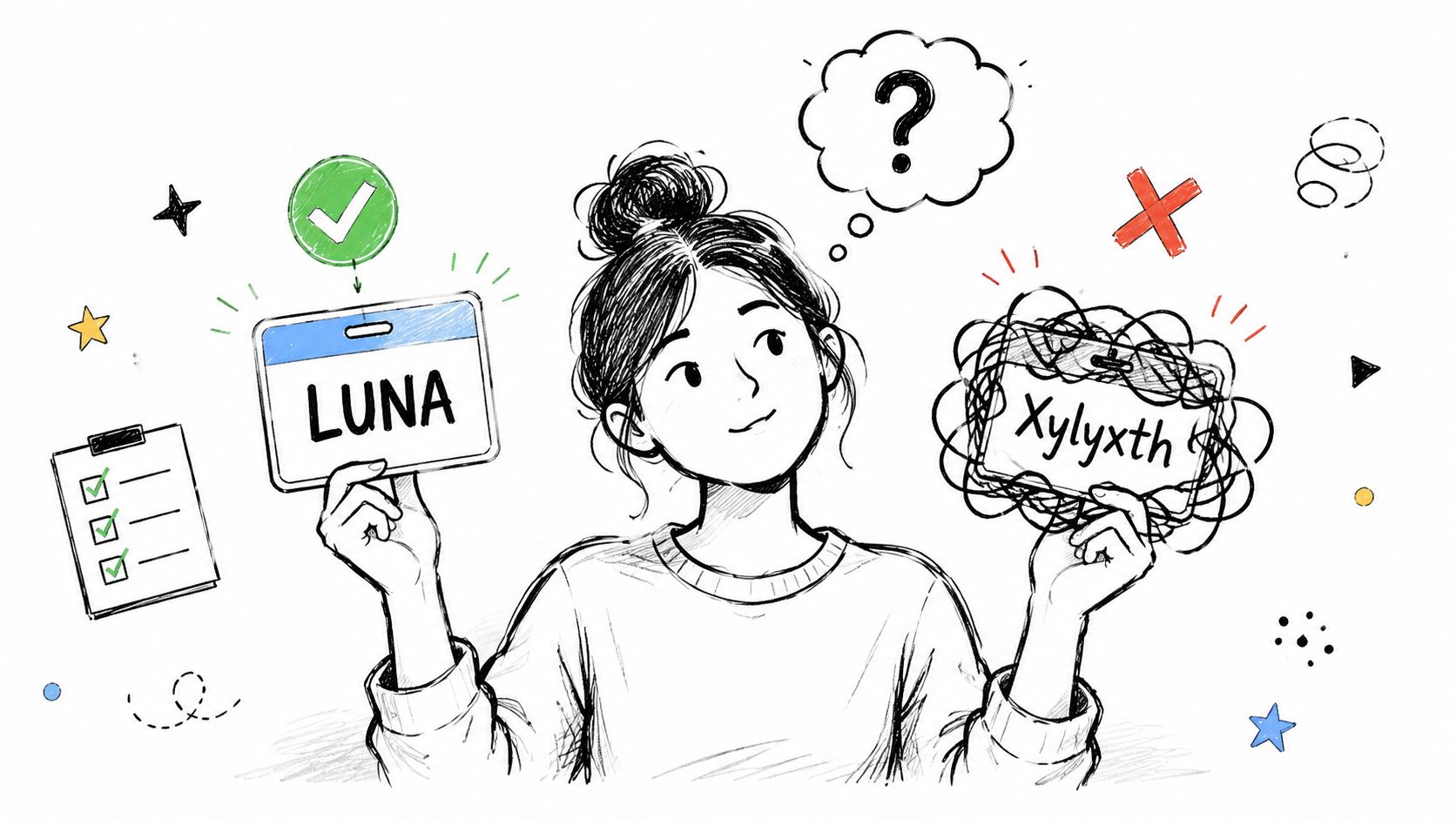 A woman choosing between a simple name like Luna and a complex, messy name like Xylyxth.