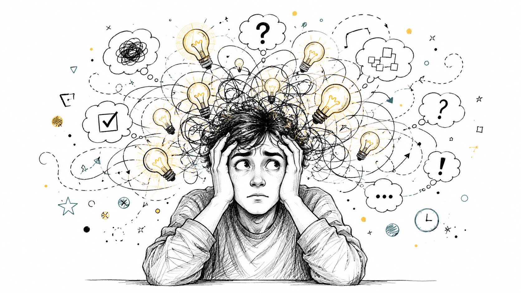 A person looking overwhelmed with a chaotic tangle of thoughts and bright light bulbs above their head.