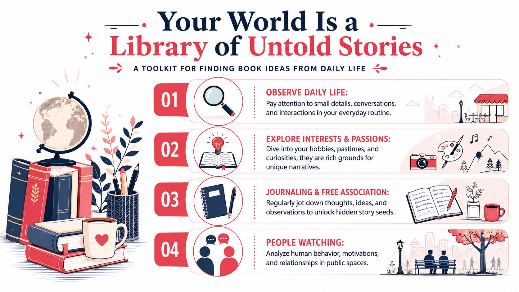 An infographic titled Your World Is a Library of Untold Stories, outlining four steps to find book ideas.