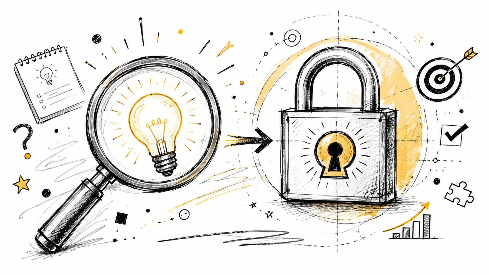 A hand-drawn illustration showing a magnifying glass focusing on a lightbulb, pointing toward a secure padlock.