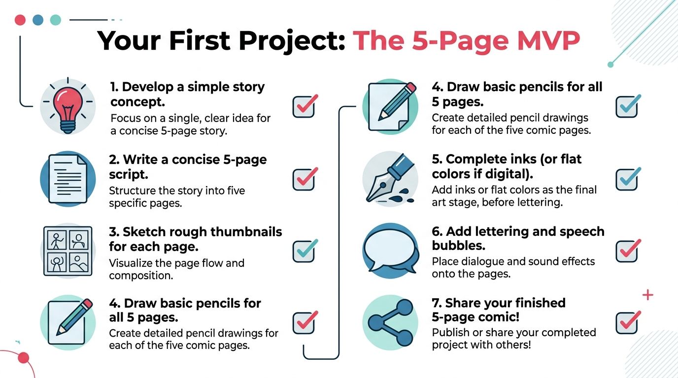A guide infographic outlining seven steps to complete a five-page comic book project for beginners.