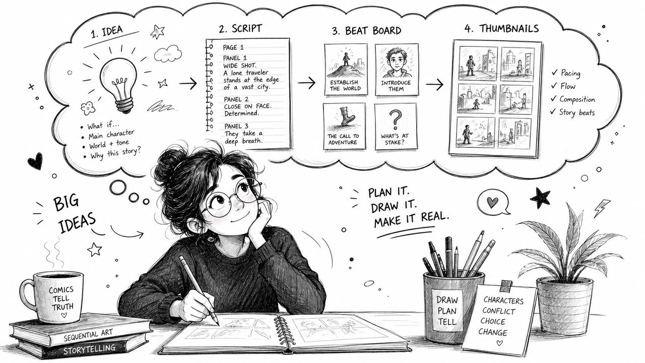 A young artist sketching in a notebook while brainstorming a comic book creation process step by step.