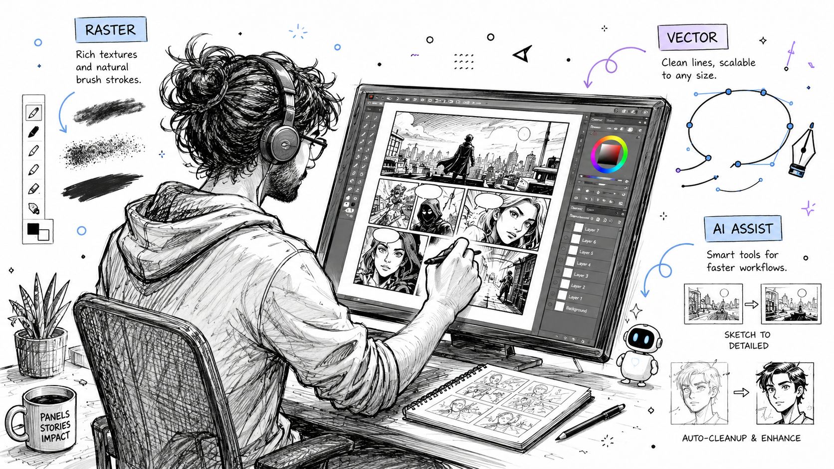 An artist drawing a comic book on a computer screen at a desk in their home studio.