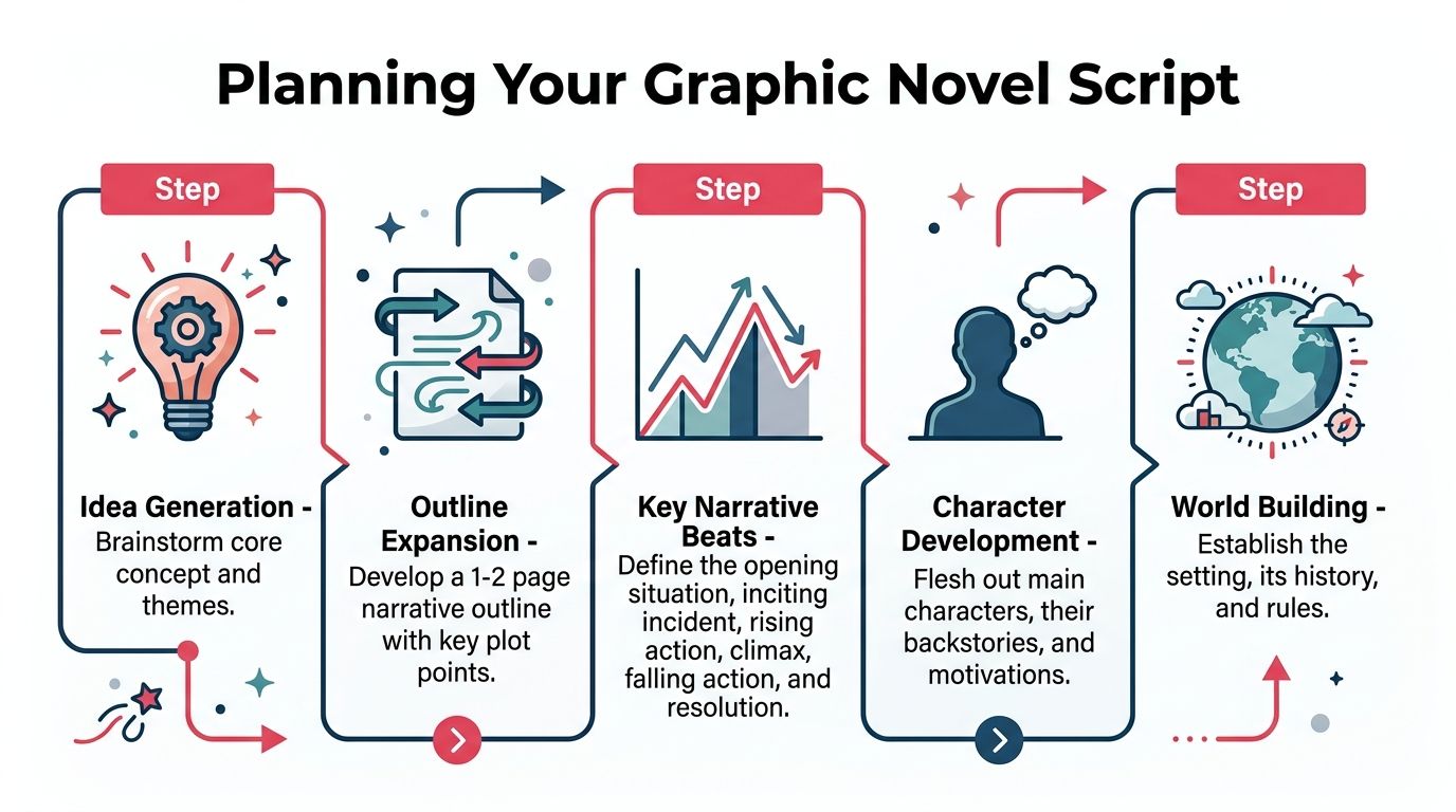 A flowchart infographic titled Planning Your Graphic Novel Script, illustrating five essential steps for story creation.