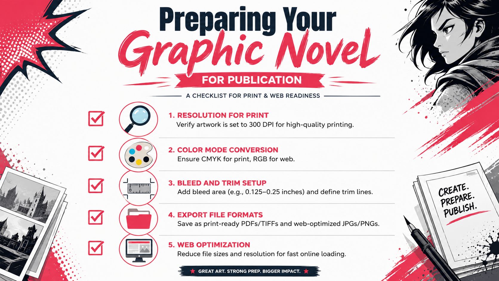 A colorful infographic checklist illustrating five essential steps for preparing graphic novels for digital and print publication.