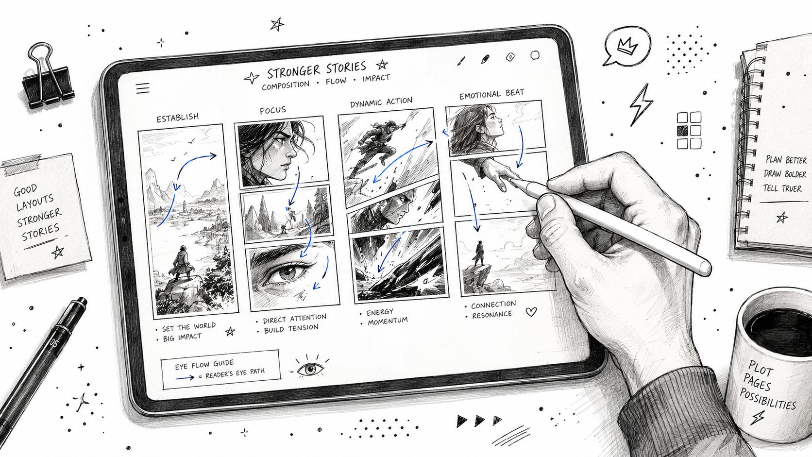 A digital artist drawing a storyboard on a tablet, illustrating techniques for graphic novel panel composition.