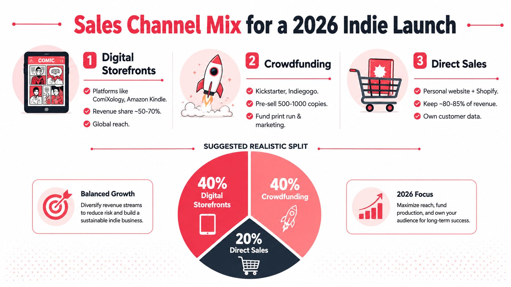 A strategic infographic outlining the suggested sales channel mix for launching an indie comic book in 2026.