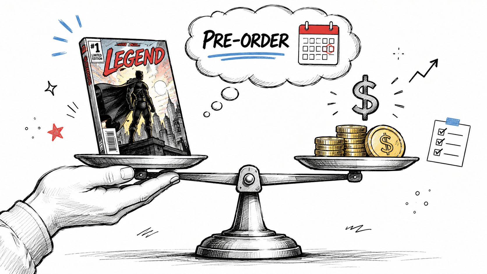 A hand holding a balance scale weighing a limited edition comic book against a stack of gold coins.