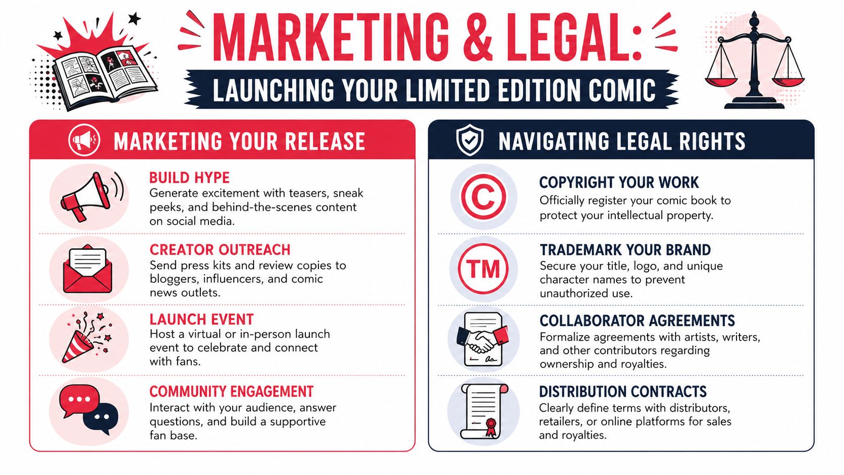 An infographic titled Marketing and Legal: Launching Your Limited Edition Comic, detailing promotion and legal protection steps.