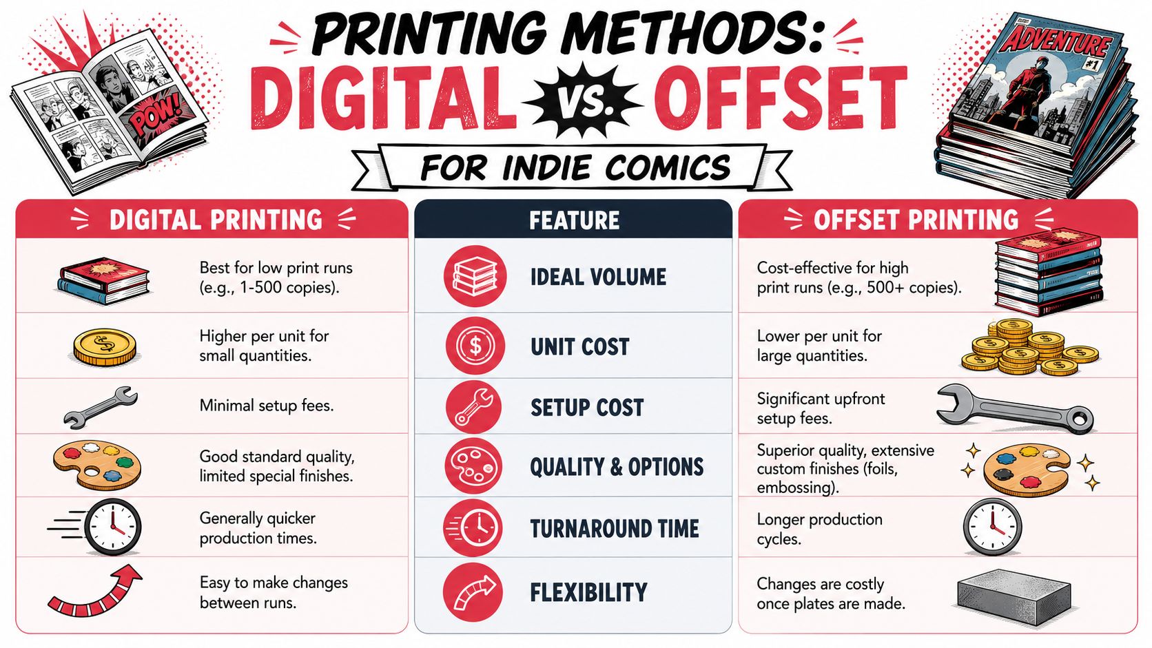 An infographic comparing digital and offset printing methods for indie comics, detailing volume, costs, quality, and turnaround times.