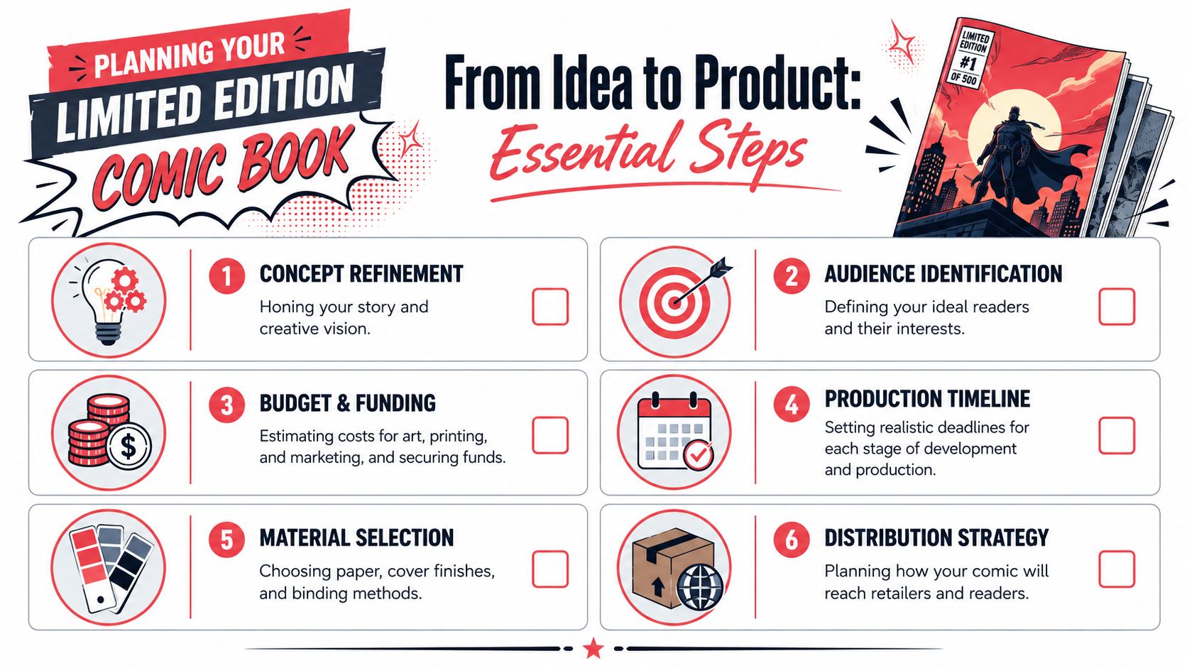 An infographic titled From Idea to Product detailing six essential steps for creating limited edition comic books.