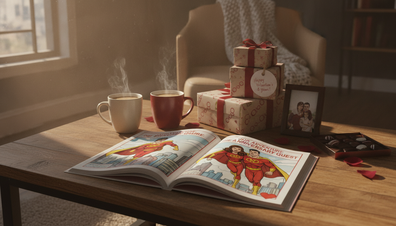 Personalized comic book gift opened on a cozy table with a couple illustrated as comic-style heroes