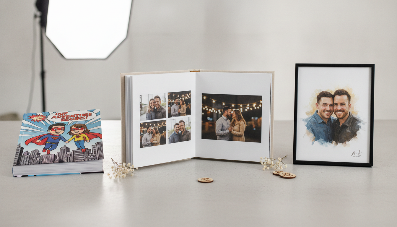 Comparison of a custom comic book, a photo book, and a framed custom couple portrait on a tabletop