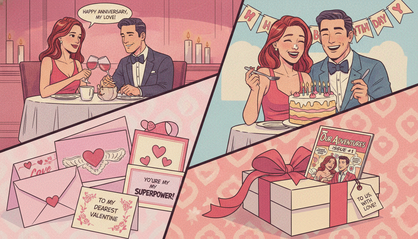 Gift occasions for a couple including anniversary, birthday, Valentine’s Day, and a wrapped personalized comic book