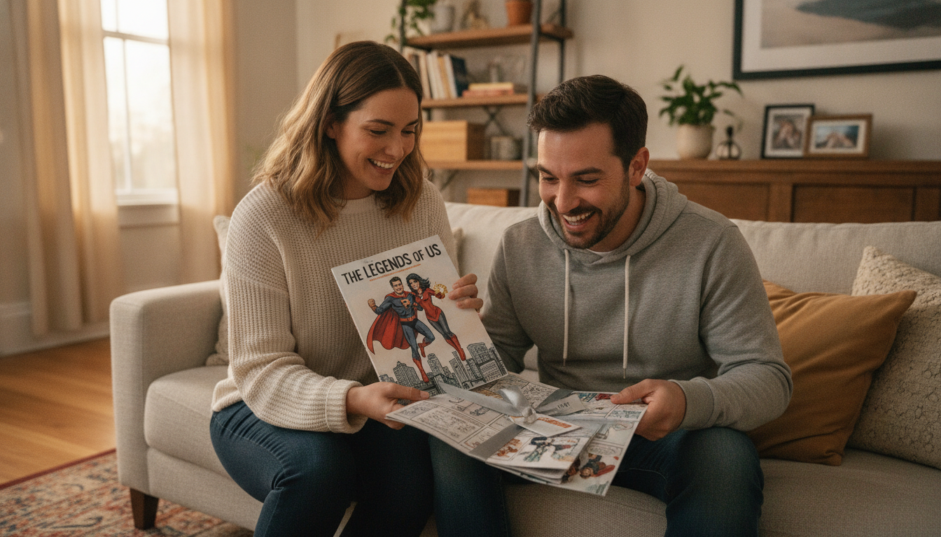 A husband and wife on their couch laughing over a custom superhero comic book featuring the two of them as its heroes