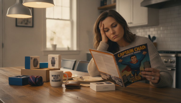 A wife looking unimpressed by generic gifts while holding a custom comic book featuring her husband as the hero