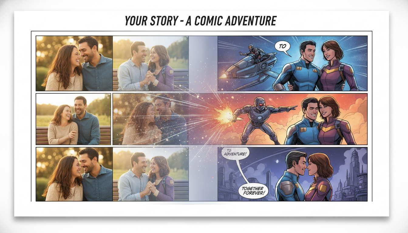 Real couple photos transitioning into finished comic book panels showing a husband and wife as illustrated characters