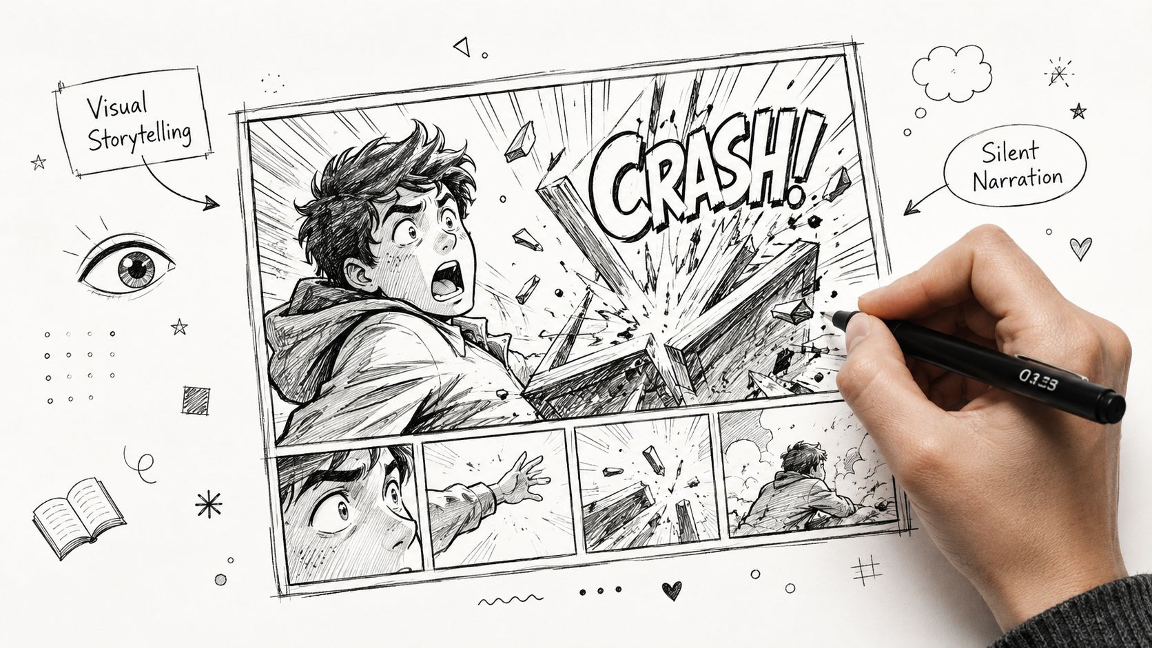 A hand drawing a comic book scene featuring a boy reacting to a crashing object on paper.
