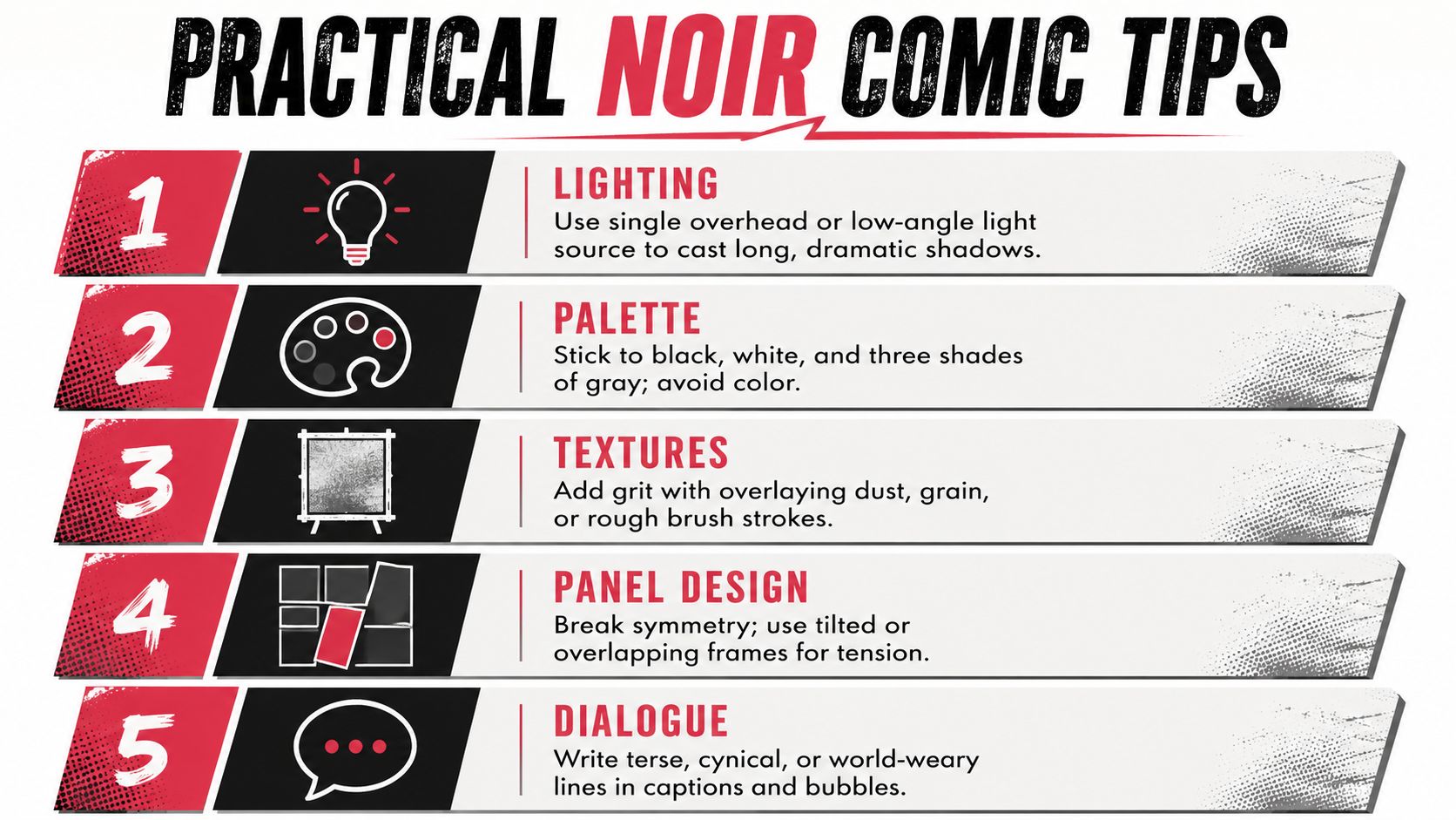 An infographic list titled Practical Noir Comic Tips featuring five numbered steps for creating noir-style comics.
