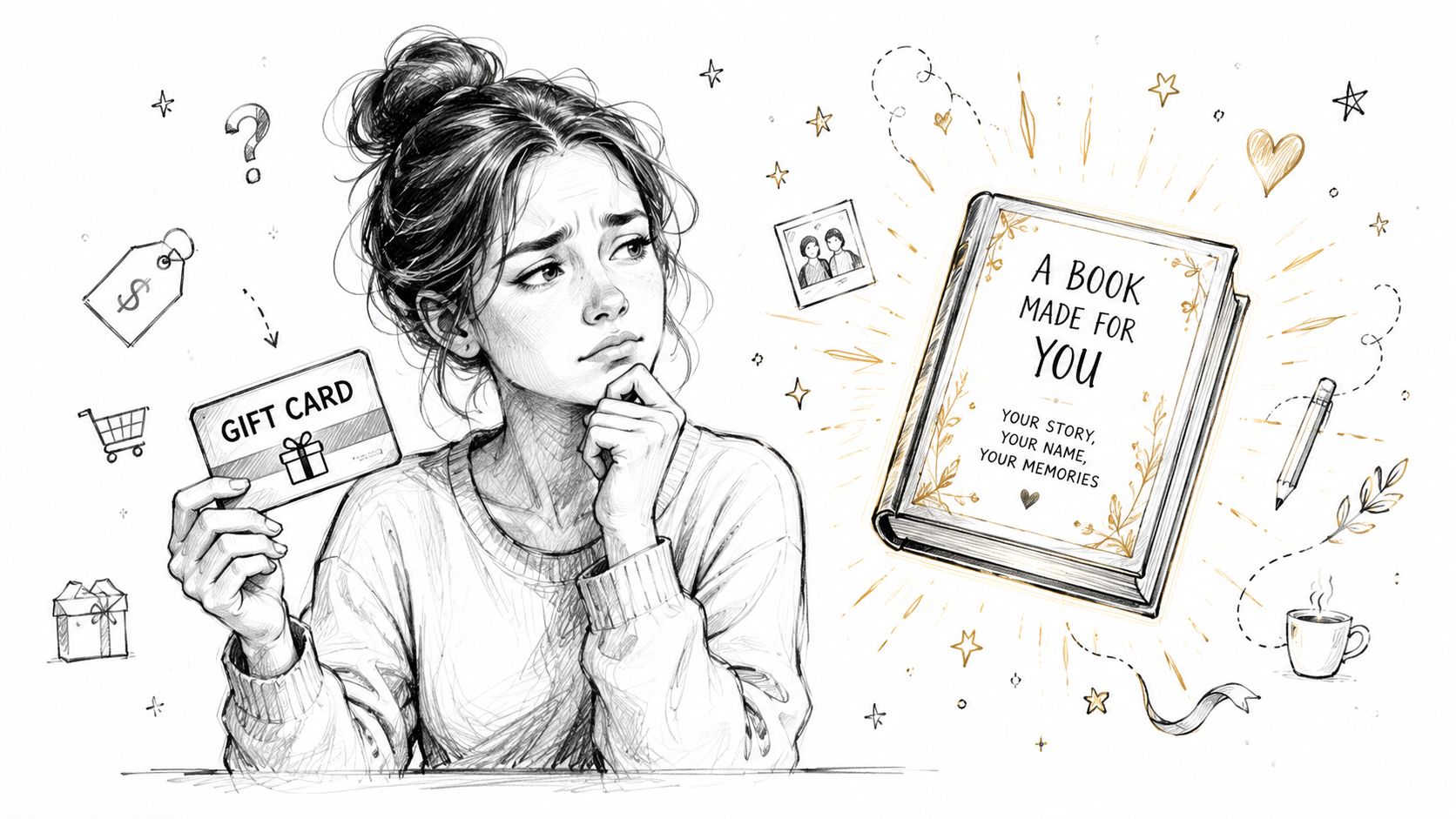 A girl contemplating a gift card versus a personalized memory book, drawn in a pencil sketch style.