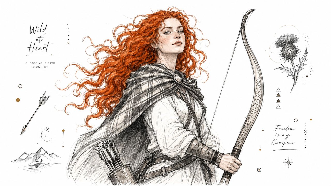 A beautiful illustration of a fierce red-haired female archer wearing a plaid cape with a bow.