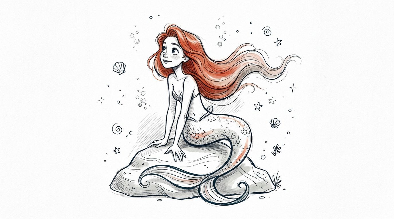 A pencil sketch style drawing of a red-haired mermaid sitting gracefully on a rock underwater.