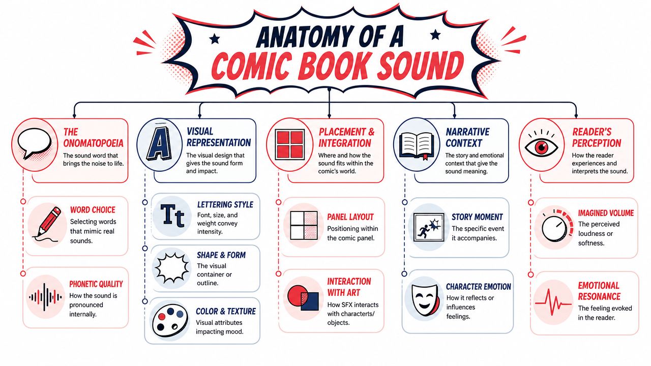 A comprehensive infographic titled Anatomy of a Comic Book Sound, breaking down elements like onomatopoeia, visual representation, and context.