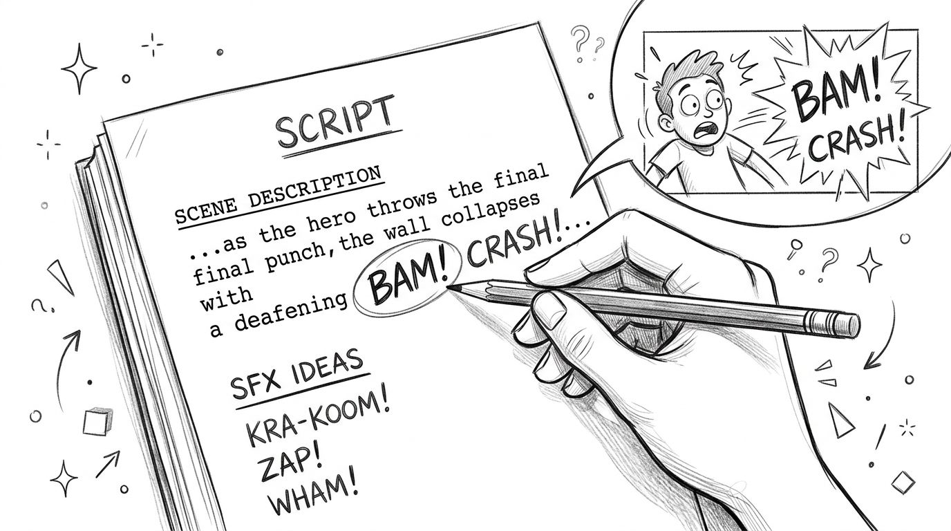A hand drawing a comic script featuring sound effects like BAM and CRASH in a speech bubble.