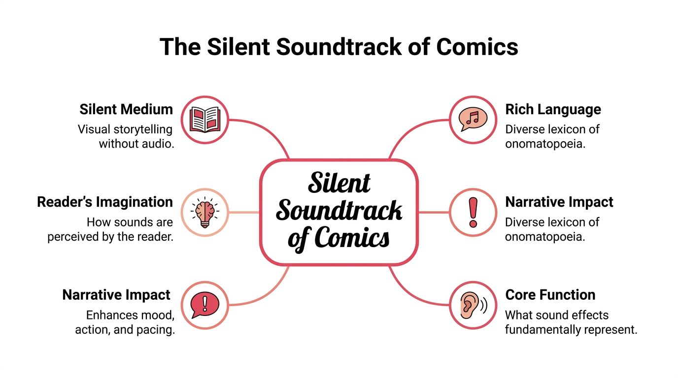 A mind map infographic illustrating the concepts of silent sound effects in comic book storytelling and design.