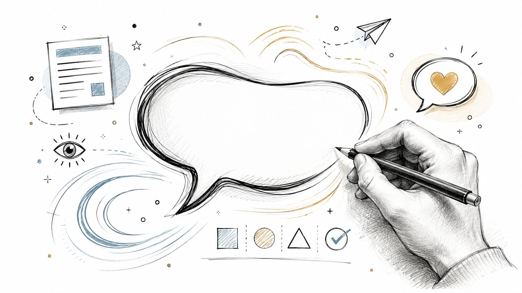 A hand drawing a blank speech bubble surrounded by creative icons and geometric shapes.