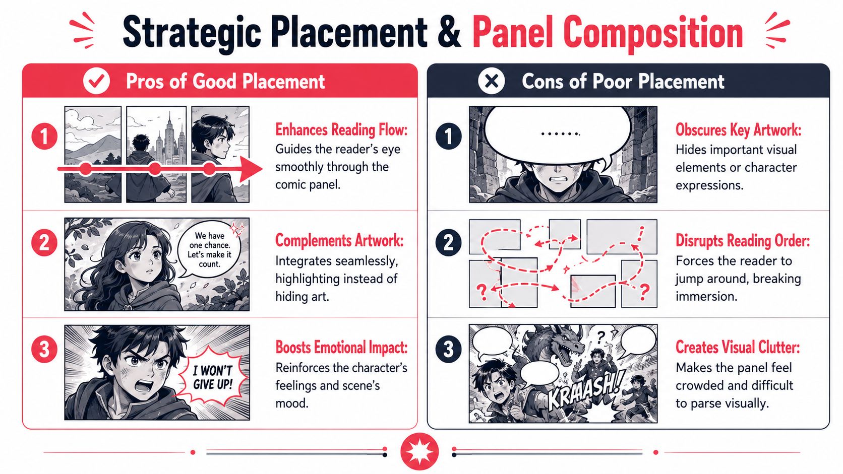 A guide illustrating the strategic placement and composition of speech bubbles in comic book panel design.