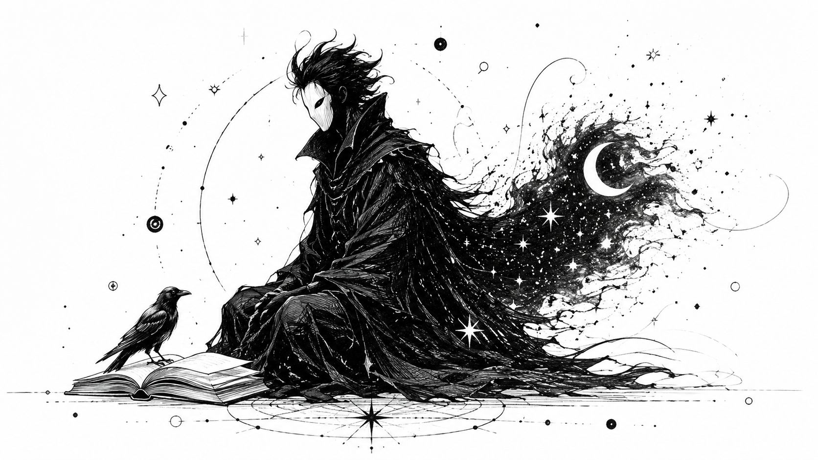 A mysterious cloaked figure with a white mask sitting with a raven perched on an open book.