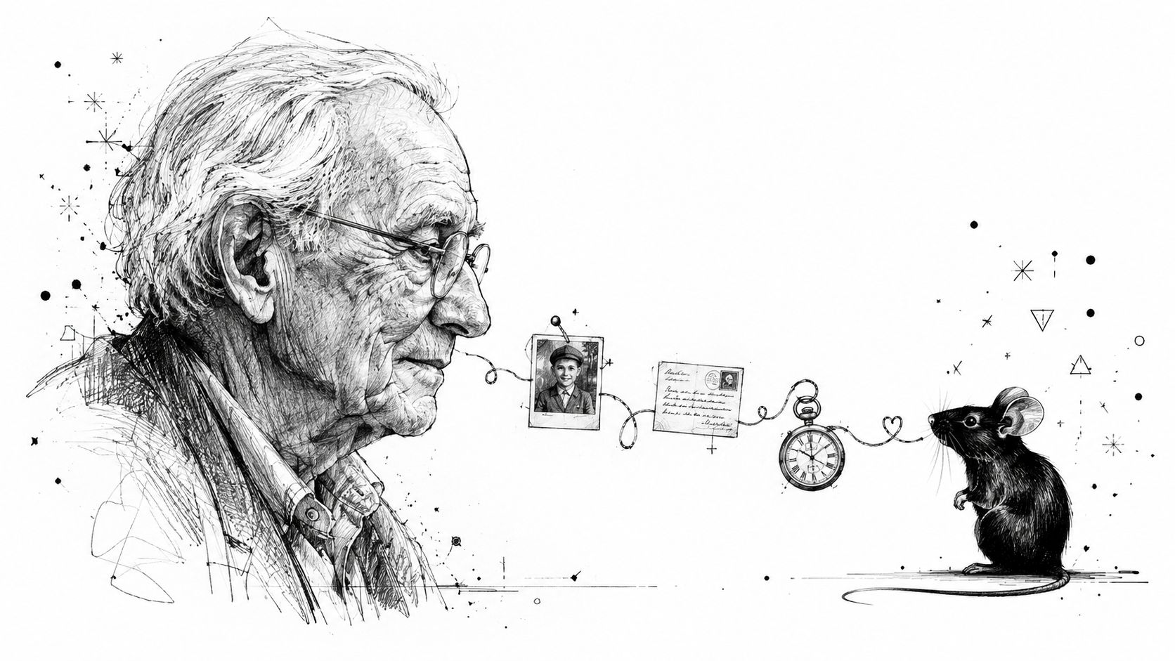 A detailed pen and ink drawing showing an elderly man connecting through memories to a small mouse.