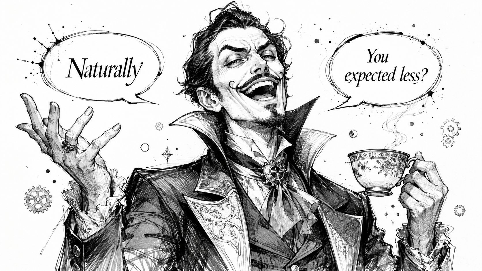 An expressive, sketch-style illustration of a sophisticated, laughing villain holding a cup of tea.
