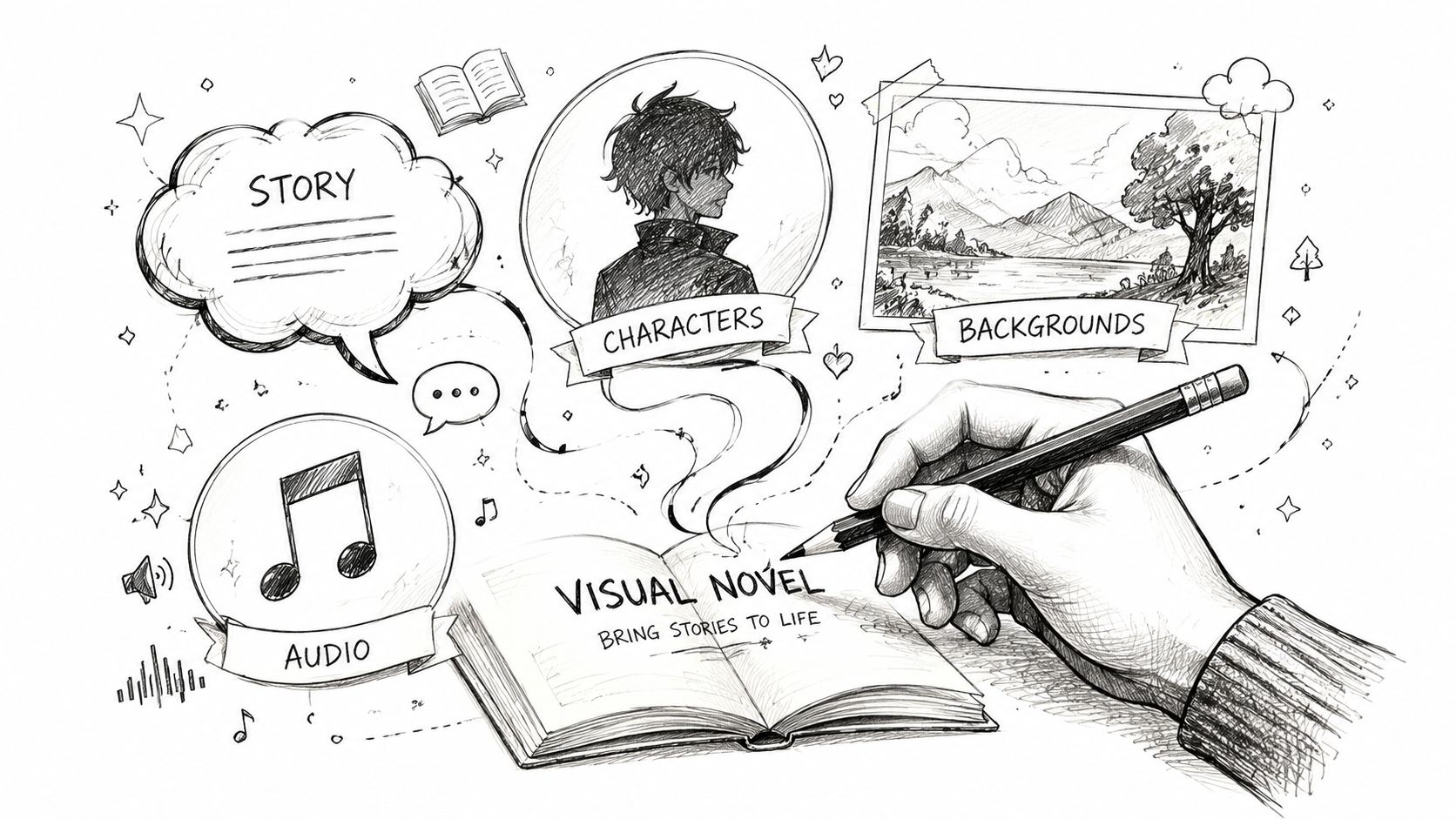 A hand-drawn sketch illustrating the key creative components of a visual novel development project with labels.