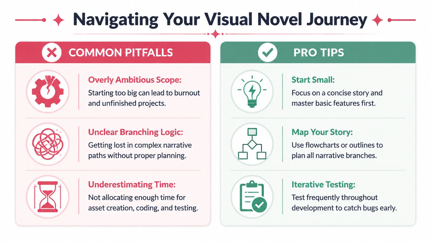 An infographic titled Navigating Your Visual Novel Journey displaying common development pitfalls and professional tips for creators.