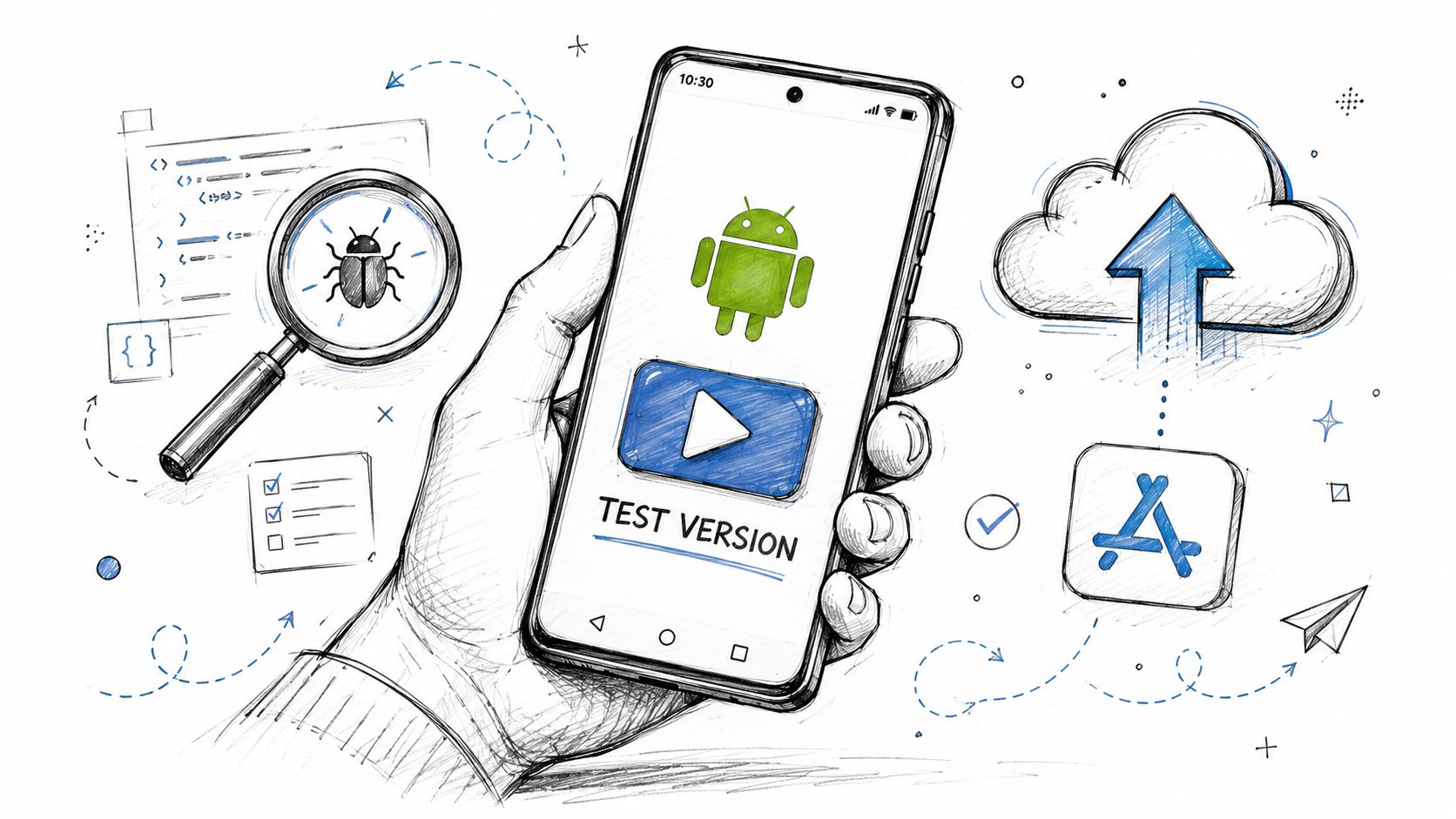A hand holding a smartphone displaying an Android logo, a play button, and the words Test Version.