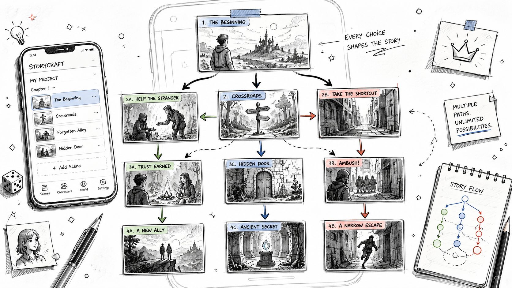 A hand-drawn illustration showing a story planning app interface with branching narrative paths and story flow diagrams.