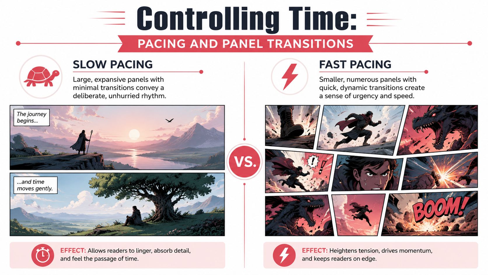 An infographic comparing slow pacing with expansive panels versus fast pacing with dynamic, action-packed comic book panels.