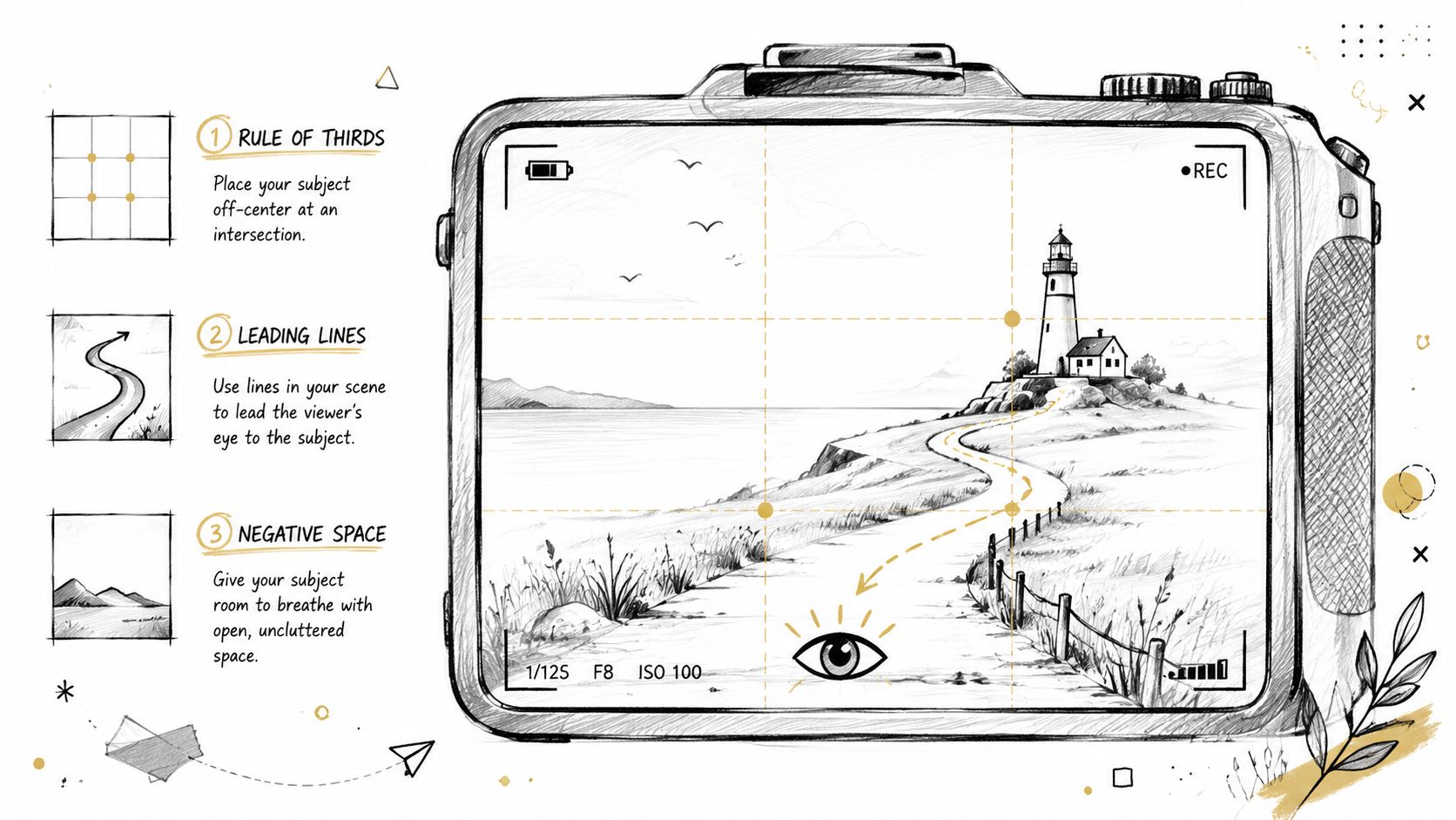 A diagram illustrating photography composition rules including rule of thirds, leading lines, and negative space on a camera.