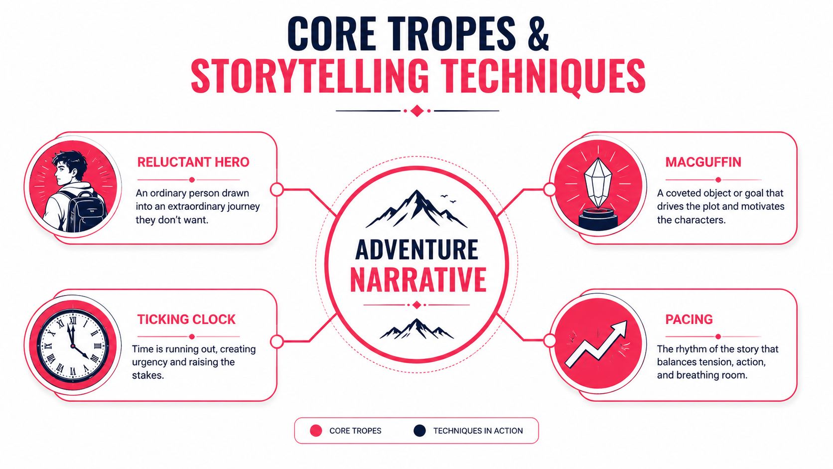 A diagram illustrating core tropes and storytelling techniques like the reluctant hero, macguffin, ticking clock, and pacing.