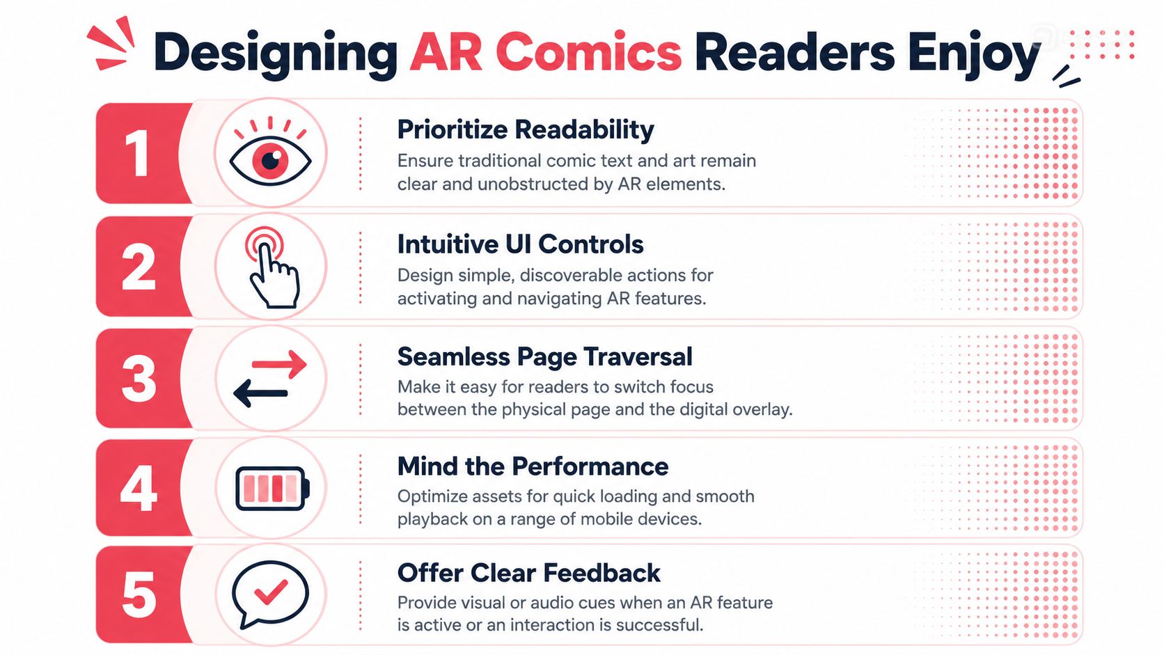 An infographic titled Designing AR Comics Readers Enjoy, outlining five best practices for interactive AR comic design.
